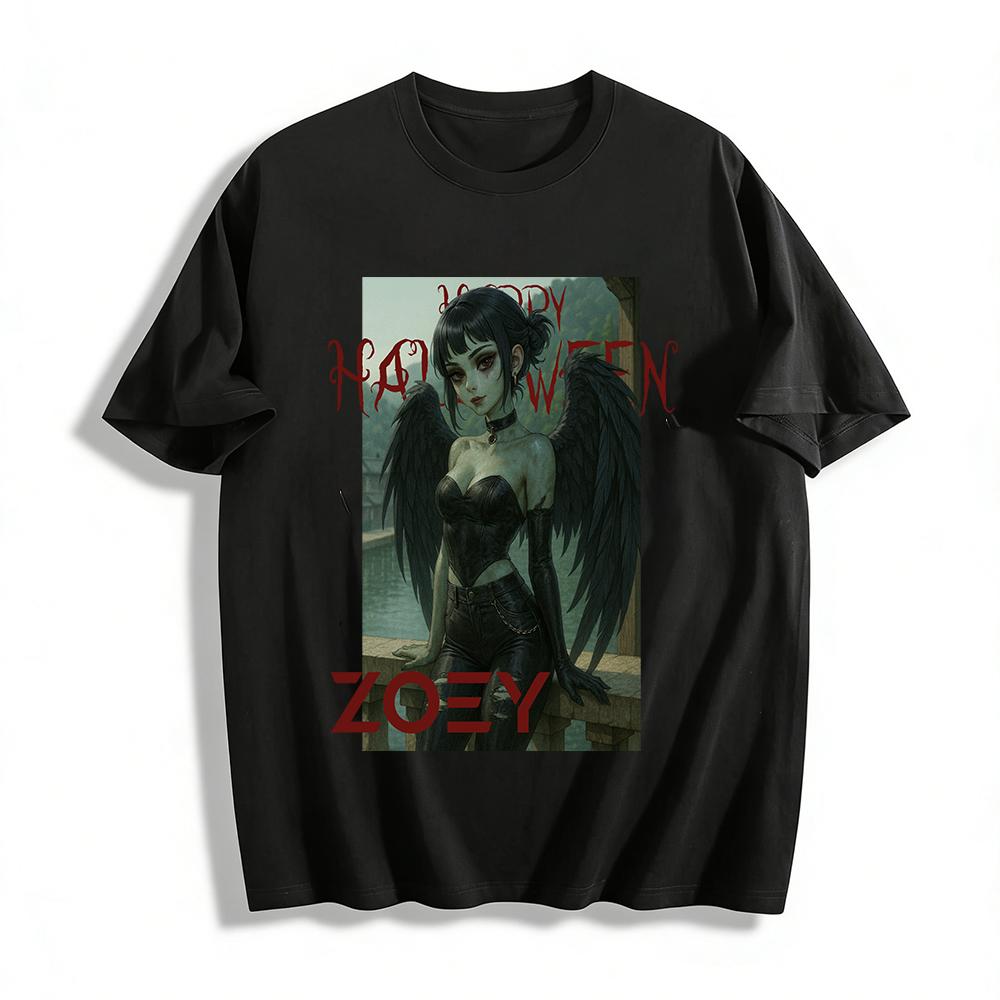 

Halloween Dark Fallen Angel Zoey Print Top Gothic Style Y2K E-Girl Slim Fit Bottoming Shirt Pure cotton T-shirt XXS