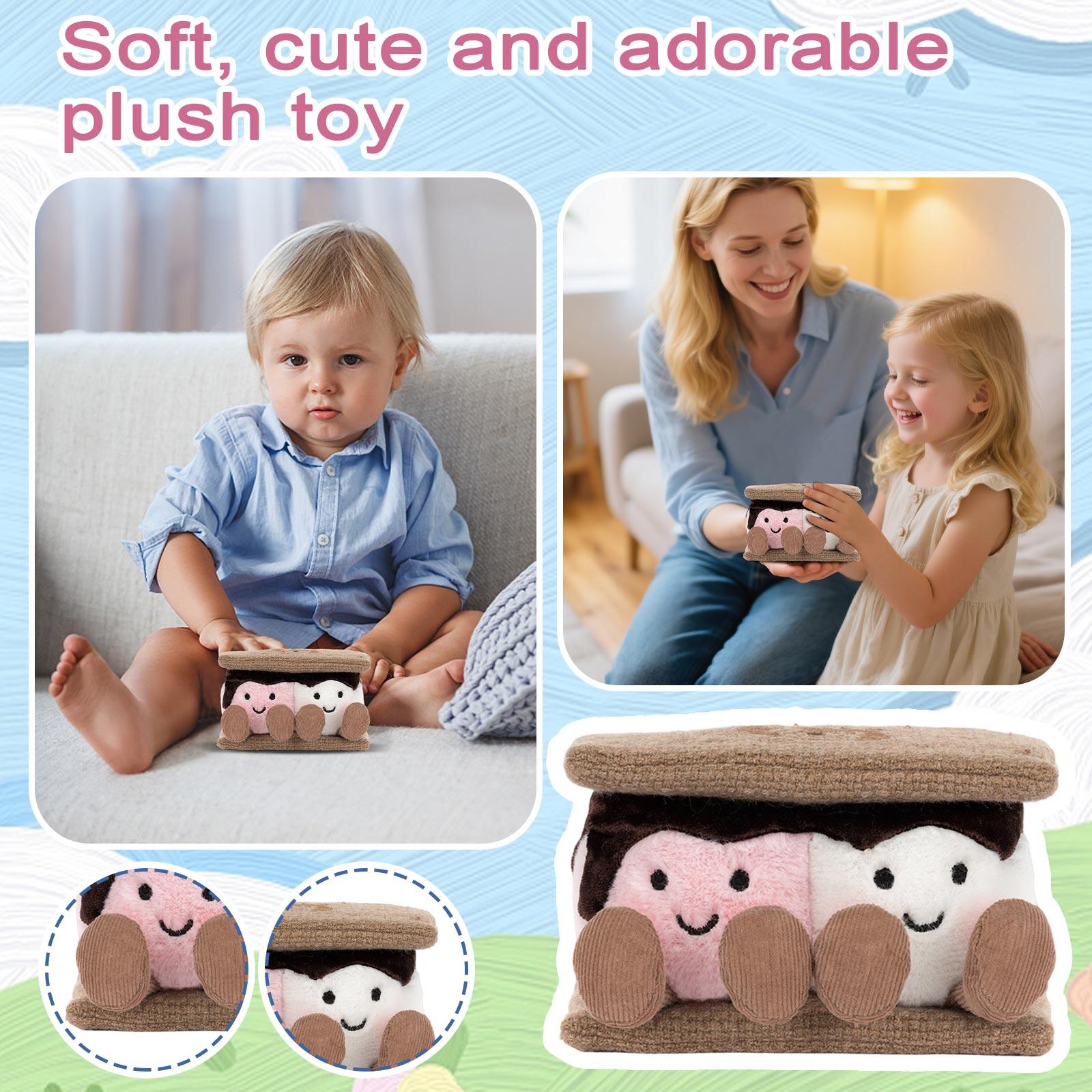 Plush Marshmallow Sandwich Stuffed Toy Soft Cotton Candy Inspired S mores Design Cute Smiling Faces Plushie Stuffed Animal One Size