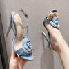 Fashion High Quality Denim Brand Sandals Women Fashion Flower Narrow Band High Heel Sandals Summer Sexy Open Toe Large Size Women Shoes