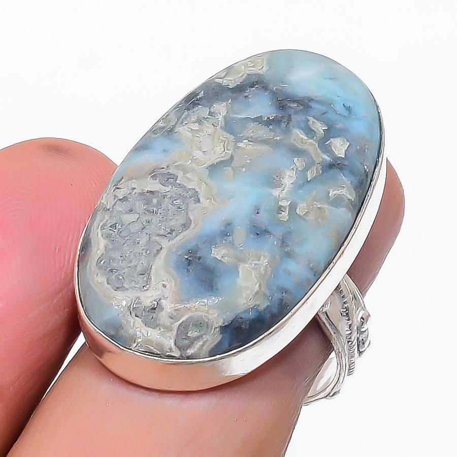 

Natural Larimar Gemstone Handmade 925 Sterling Silver Jewelry Ring Size 7.5 j7r02
