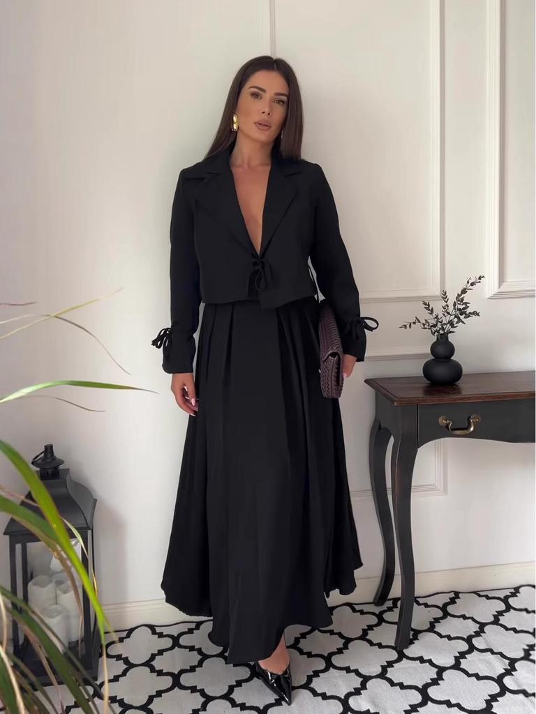 Vintage Långärmad Dam Kort Kostym Topp & Högmidjad A-linje Midi Kjol Set
