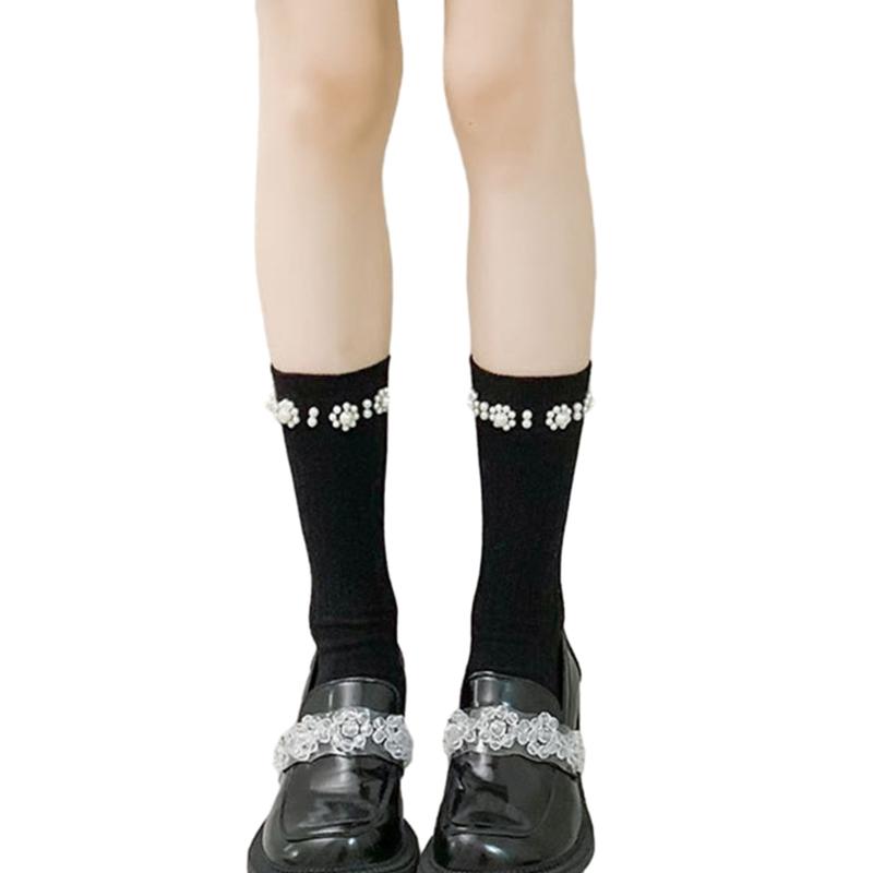 Simple Pearl Knee High Socks Cotton Calf Socks Sweet Knee High Stockings Lolitas Princess Socks for Womens Girls Gifts