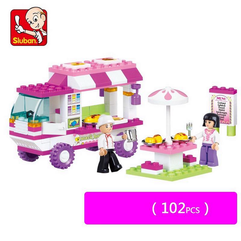 Non-Toxic Sluban 0155 Children Princess Pink Dream Snack Car Model Figure Blocks Educational Construction Building Bricks Toys For Children