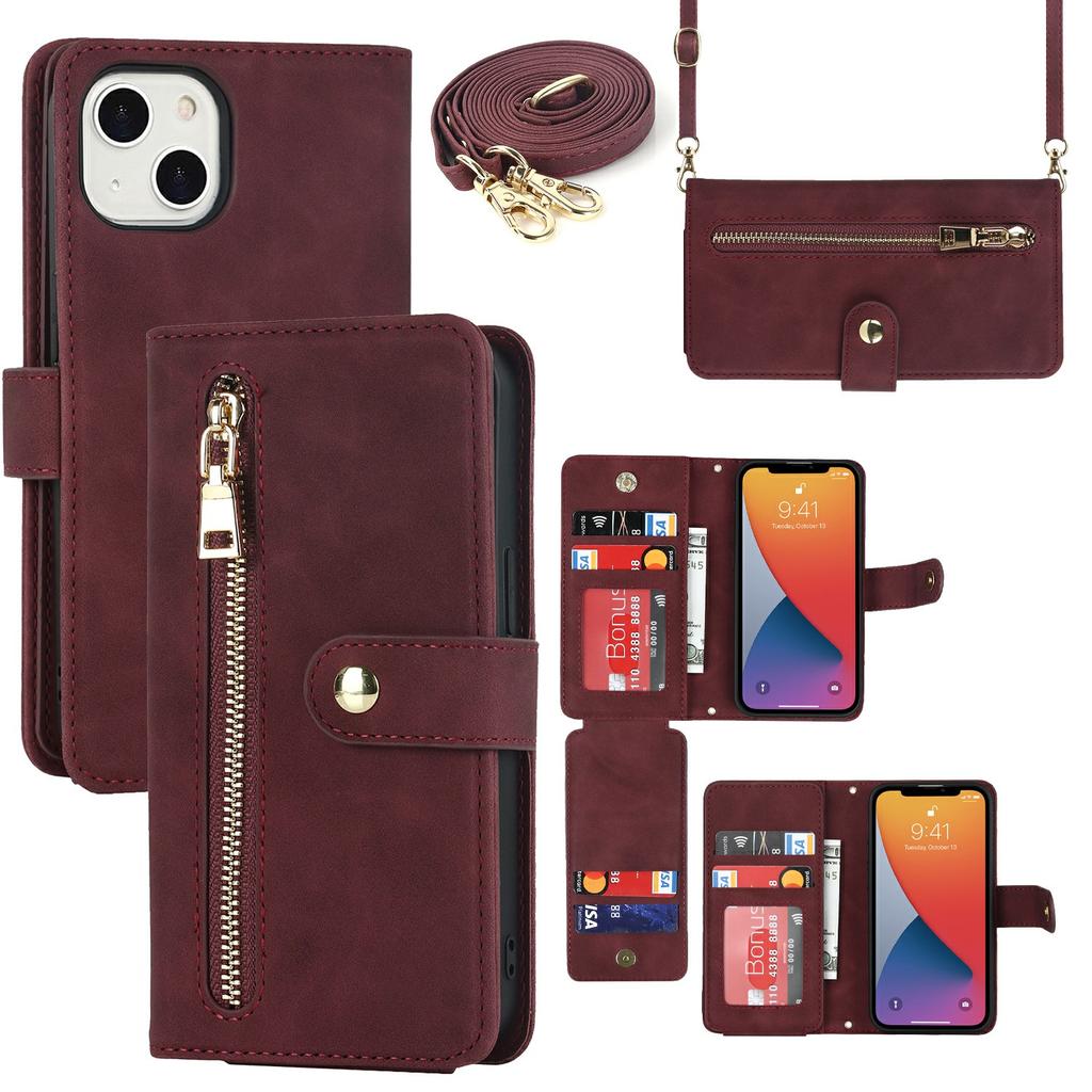 For iPhone 13 Mini Stand Case PU Leather Phone Cover with Straps/Zipper Wallet/Multiple Card Slots
