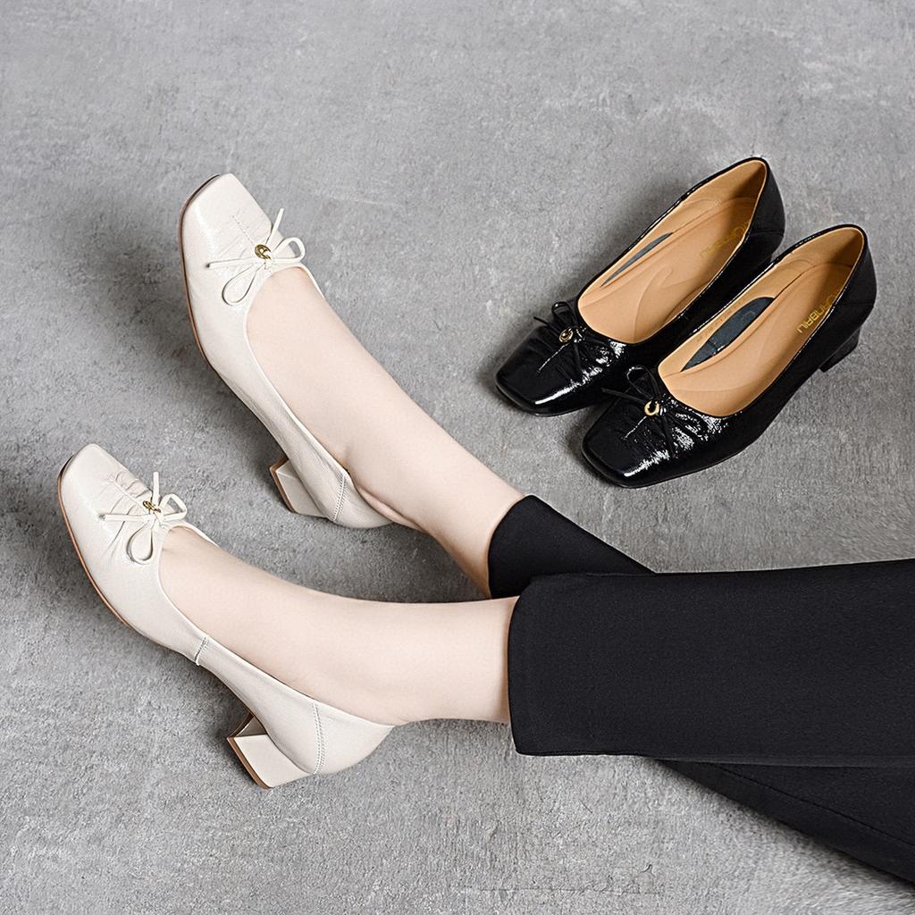 Bow Light Mouth Single Shoes Simple Temperament New Middle Heel Women's Shoes First Layer Cowhide Four Seasons Small Leather Shoes