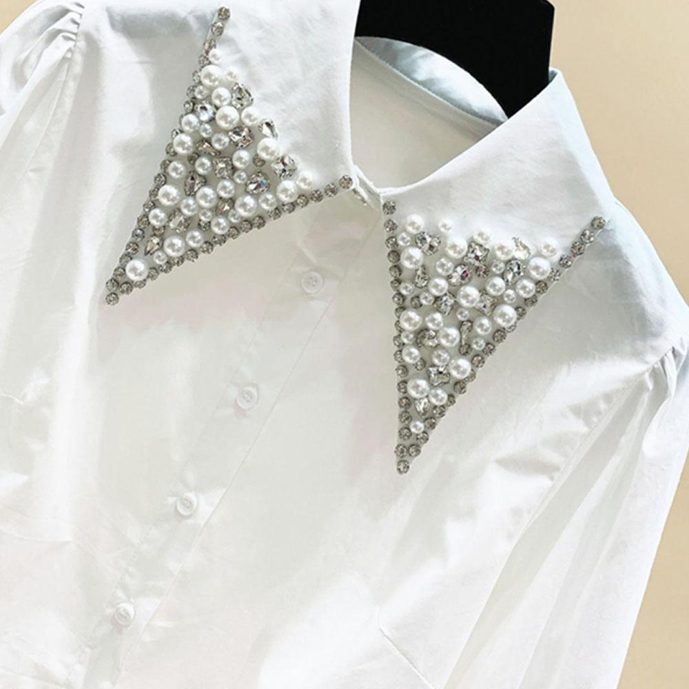 High Quality Pearls Diamonds Collar White Shirt Women Tops Mujer Spring Arrival OL Elegant Blouse Tops Camisas Mujer