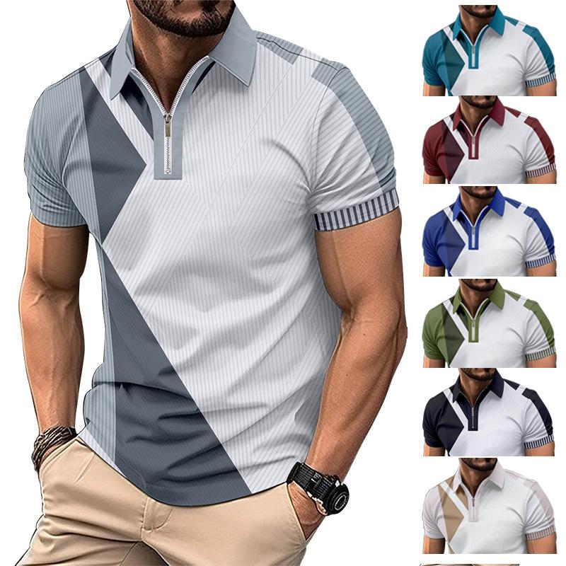 Men's Fashionable Slim-Fit Colour-Blocked Collared T-Shirt Polo Shirt