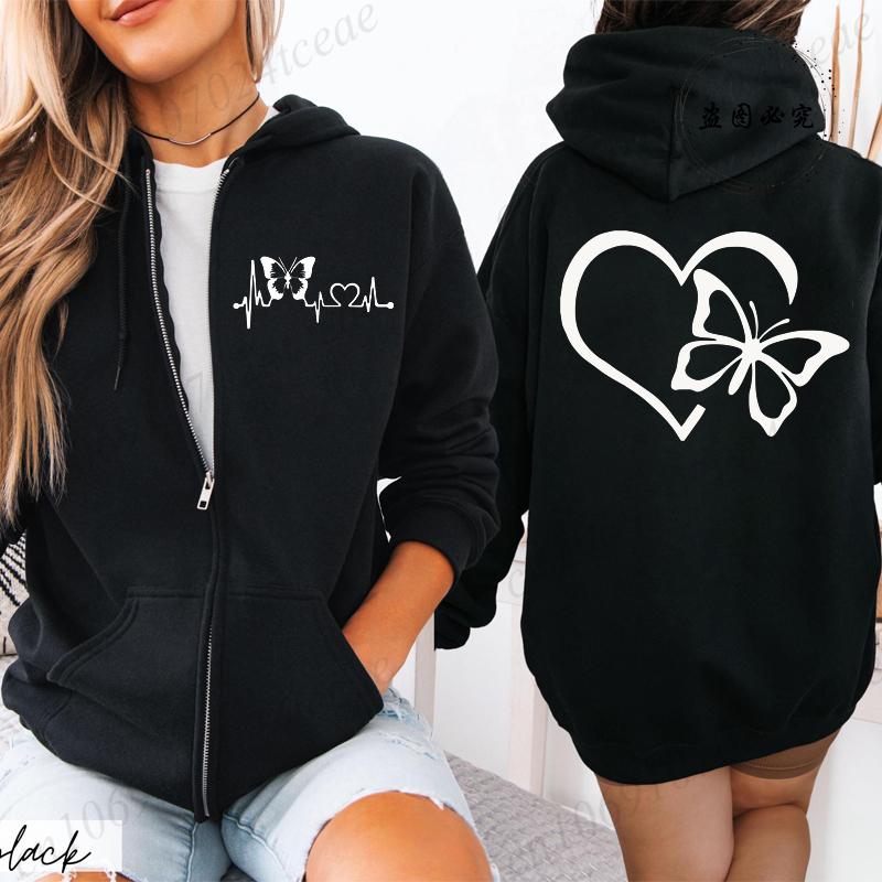 New Fashion Zipper Hooded Hoodie Clothes Butterfly Heart Printed Fashion Sweatshirts Casual Fashion Zip Up Jackets Coat Tops