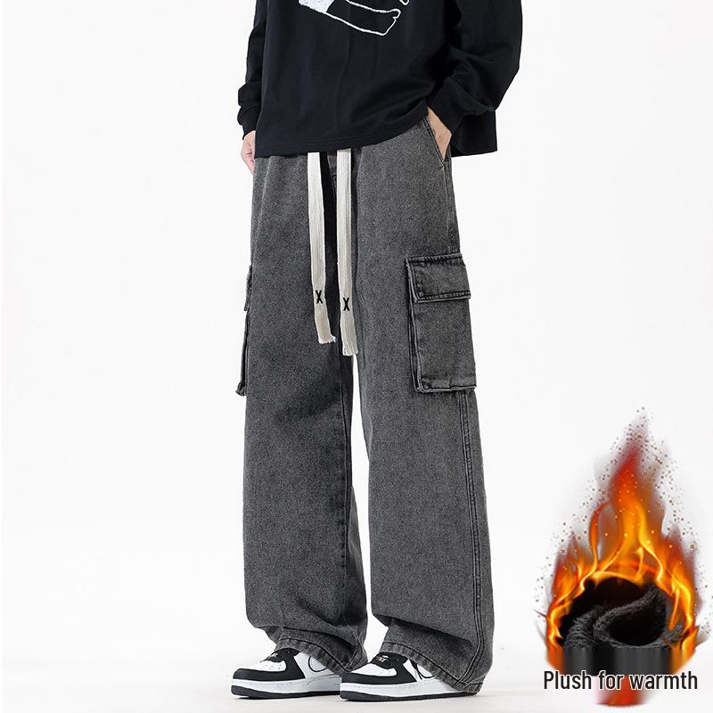 Men's Retro Wide-Leg Multi-Pocket Jeans - Spring/Fall Casual Workwear Pants