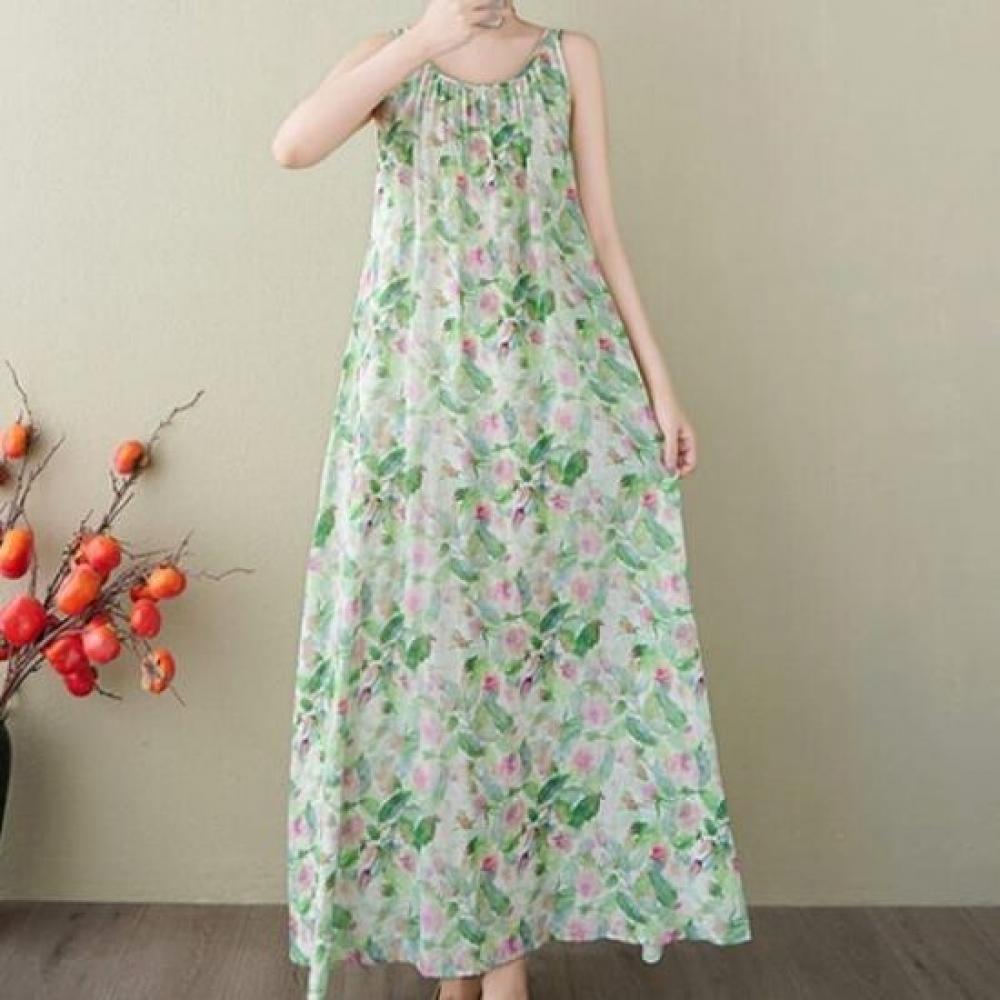 Navava Watercolor Flower Printing Sleeveless Dress No935