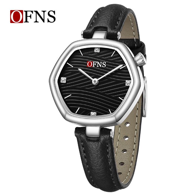 Женские водонепроницаемые кварцевые часы OFNS с шестиугольным циферблатом и кожаным ремешком.