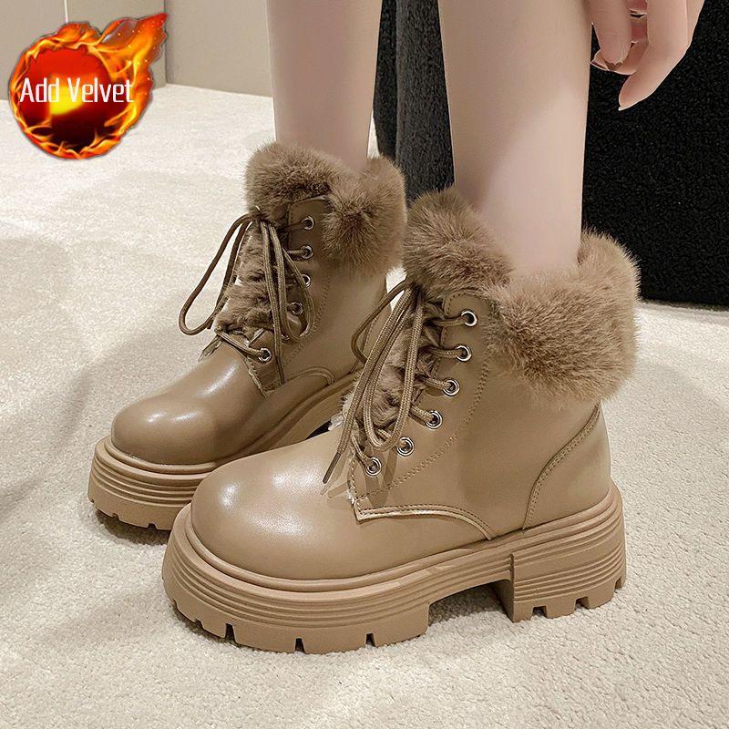 Fashion Leather Platform with Laces Booties Plush Round Toe Women's Snow Boots Waterproof Ladies Shoes Work Chic and Elegant Footwear