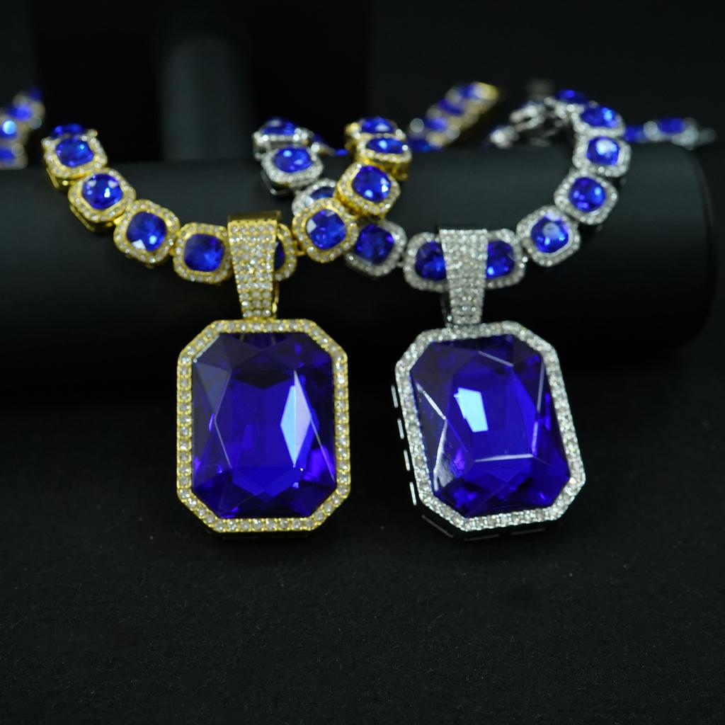 Farbige Edelsteine Großer Anhänger Kubanische Kette, Hip Hop Cool Passende Halskette.