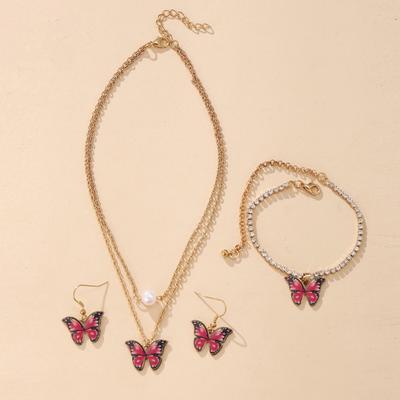 Ensemble de collier et boucles d'oreilles papillons double couche, 1 ensemble, boucles d'oreilles élégantes, Bracelet incrusté de strass, Kit de bijoux, accessoires de mode, cadeau