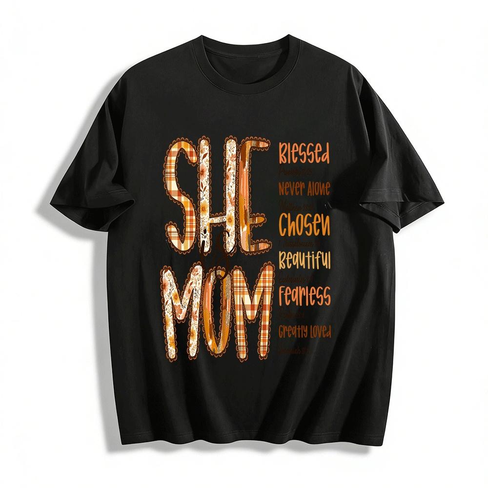 She Is Mom Blessed Chosen Print Christian Bible Verse Mom Tee Pure cotton T-shirt XXS