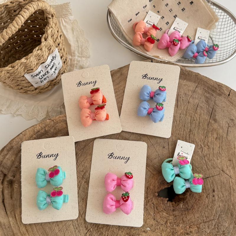 2025 Spring Summer New Embroidered Cherry Strawberry Hair Clips & Ties, Candy Color Bow Duckbill Clips, Hair-Friendly Barrettes