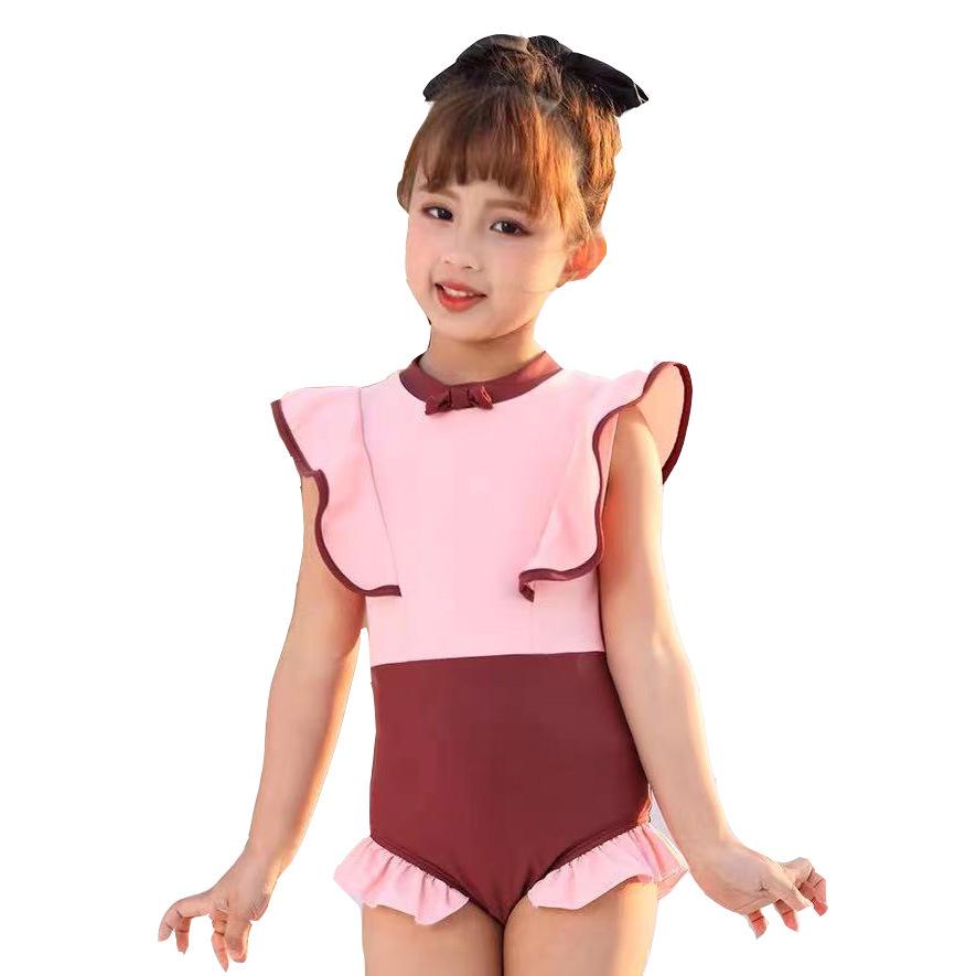 Cute Korean-Style Pink Lace Zipper Swimsuit for Girls