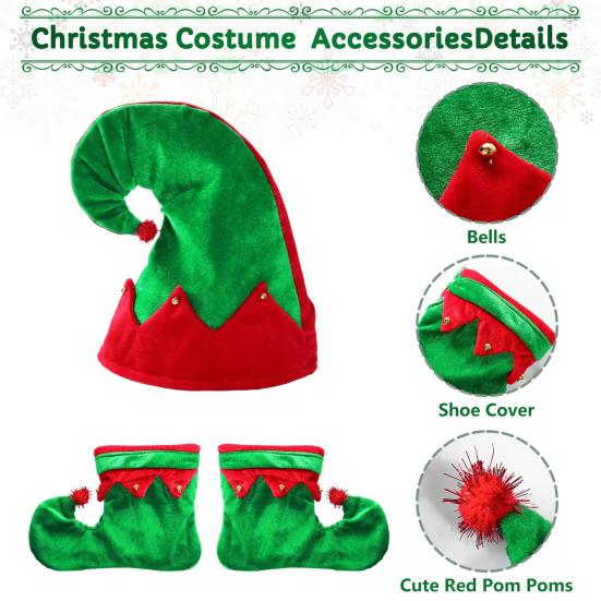 Kids Christmas Elf Costume Green Velvet Dress with Hat Shoes & Accessories for Boys Girls Holiday Play Outfit for School Performances Parties