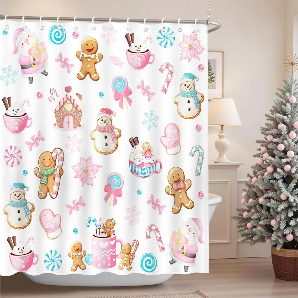 GAEChristmas Shower Curtain Cute Xmas Snowman Gingerbread-Man Santa Claus Shower Curtain for Kids Christmas Bathroom Waterpro