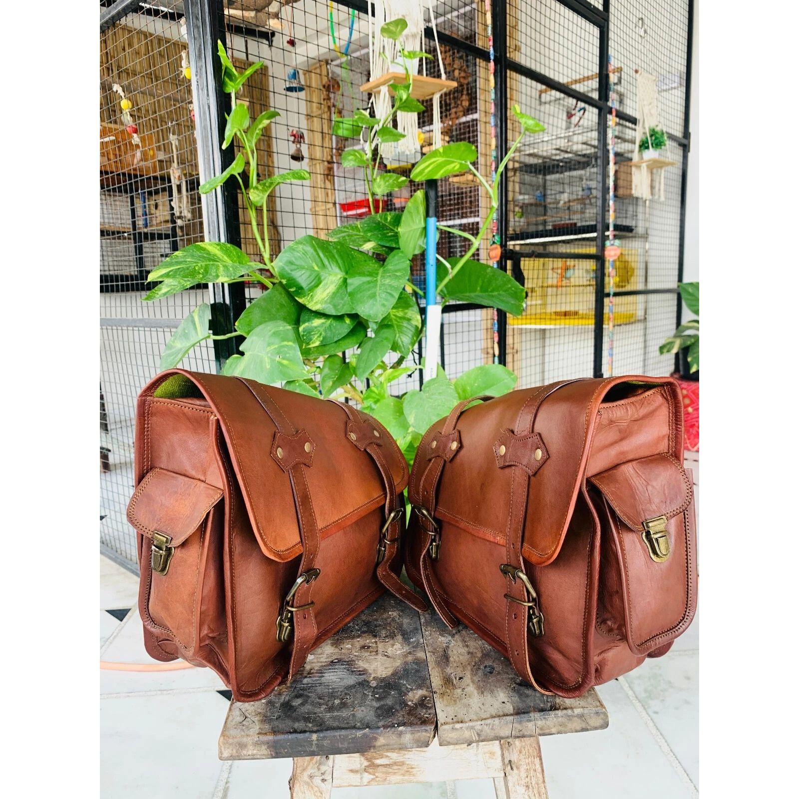 

Leather Bag Saddle Genuine Goat Panniers Motorcycle Bags Real Vintage Handmade 11 x 9 x 5 in