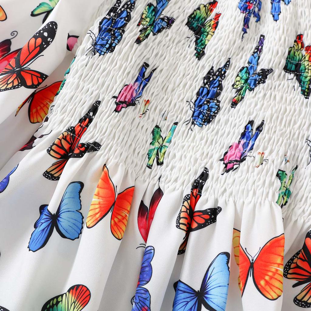 Mädchenkleid Sommer Schmetterlingsdruck A-Linien-Kleid für Kinder Mode Süßes Mädchenkleid Schmetterlingsdruck Langarm Gummizug in der Taille
