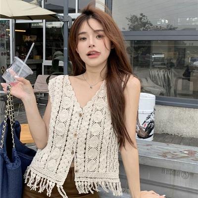 Ausländischer Stil Internet-Promi gestricktes ausgehöhltes dünnes Top mit Weste, ärmelloses Fleisch-Oberteil mit Quaste für Frauen