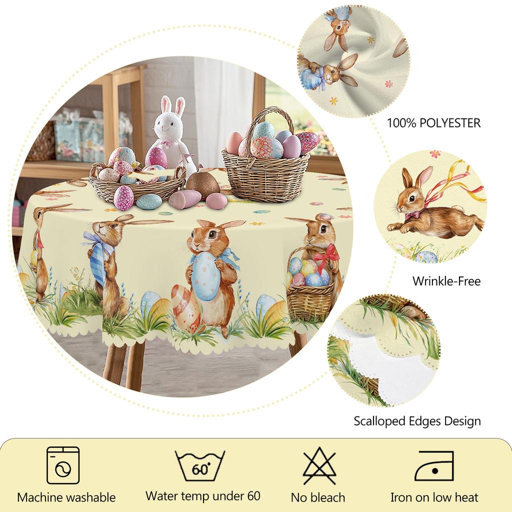 1 Față de masă rotundă de Paște, 5 Dimensiuni Disponibile, Față de masă pătrată drăguță cu imprimeu ou de iepuraș de Paște, Proces de gofrare pe margine, Față de masă decorativă de grădină de primăvară