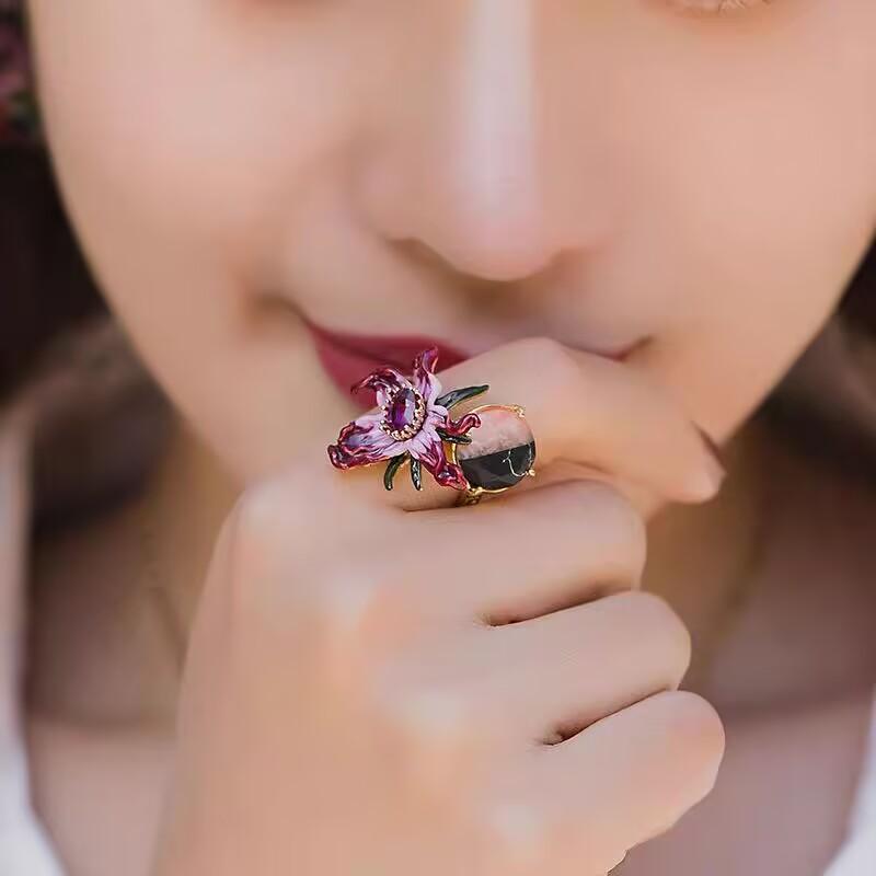 

Кольцо с эмалью в виде цветка орхидеи для женщин, элегантные женские ювелирные изделия ручной работы для невесты, открытые кольца