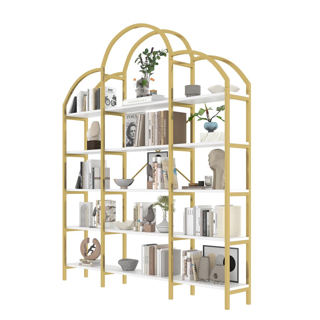 170 x 26 x 190 cm Shelf in simple style, steel tube-MDF, five layers of storage space, unique cloud shape, easy to assemble and clean, Gold + White