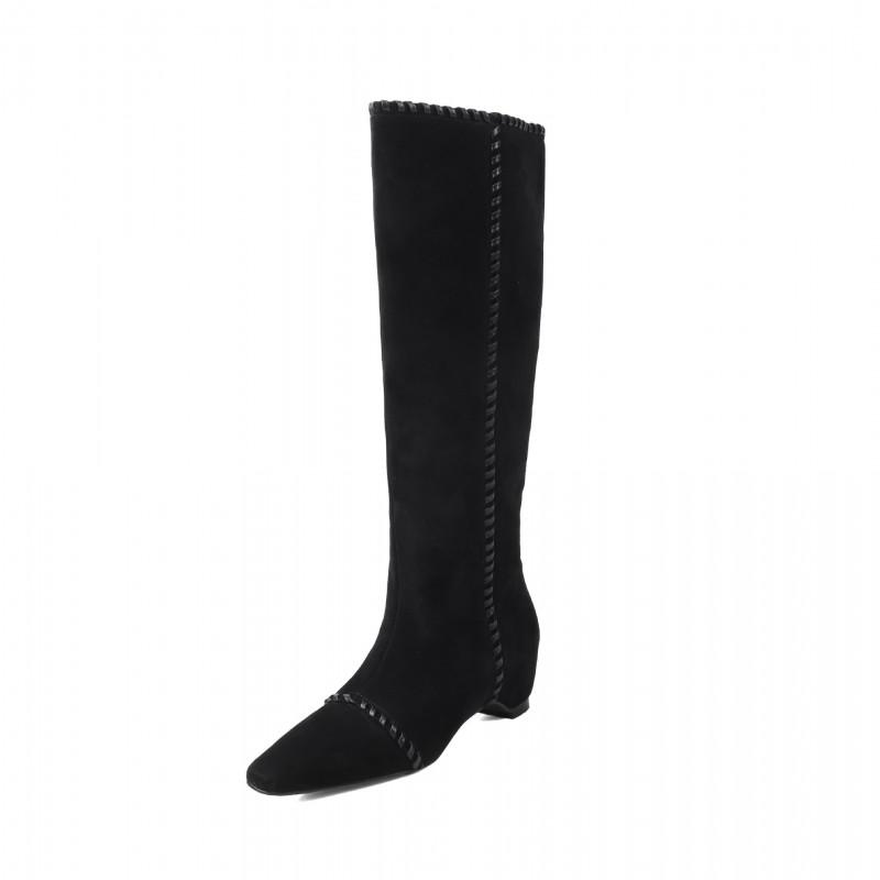 5.5cm Pointed Toe Chunky Knee High Boots Women Fall Winter Fashion Slim Fit Riding