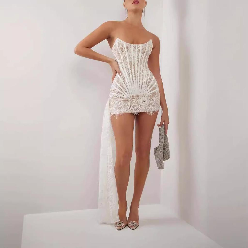 European & American Sexy Lace Irregular Bandeau Dress with Fishbone See-through Waist