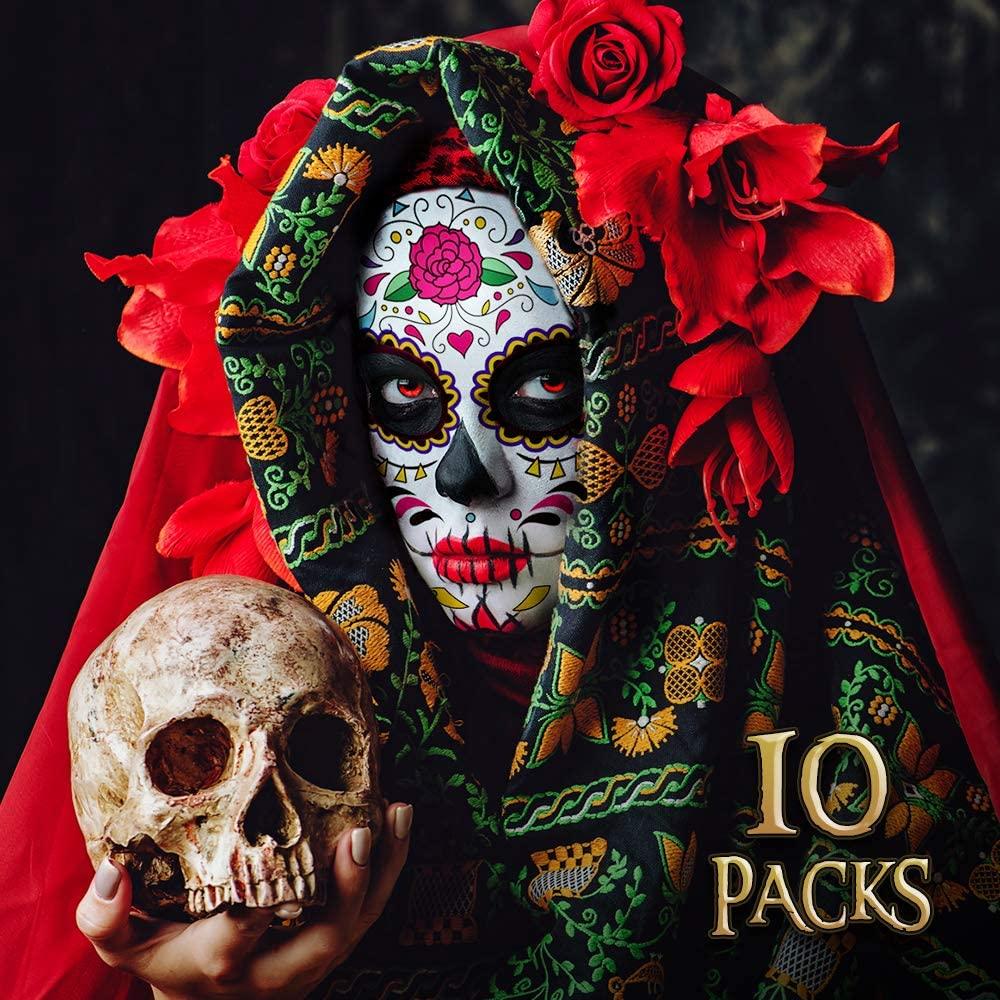 

Day Of The Dead Face Tattoos, 10 Pack Día De Los Muertos Temporary Face Sticker Kit, Halloween Sugar Skull Costume Makeup Decor