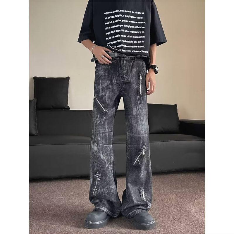 Washed tie-dye micro-pull jeans men's American vibe trendy brand retro ruffian handsome heavy industry niche zipper straight trousers