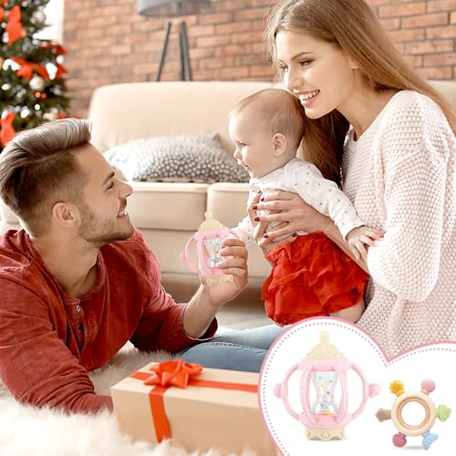 2 Pack Teething Toys for Babies 6-12 Months, Sensory Teether Rings, Montessori Baby Rattle, Infant Chew Toys Gift for Boys Girls (Pink)