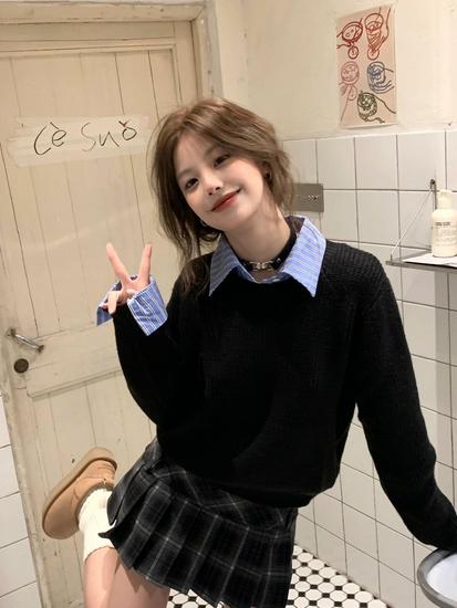 Women s Petite Black Two-Piece Sweater: Knitted Collar Top for Autumn  & Spring