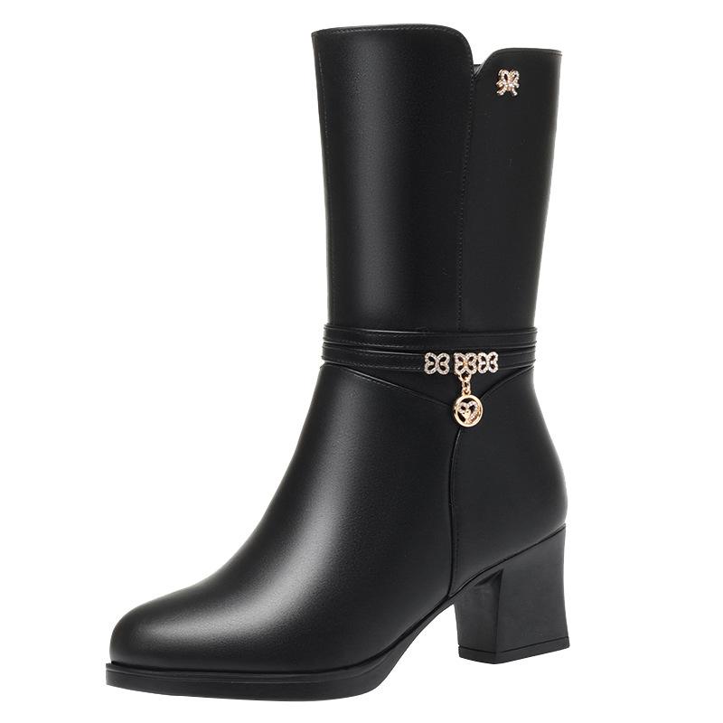 Women's Mid-calf Boots, Women's Boots, Middle-aged Cotton Boots, Soft-soled Fleece-lined Leather Shoes, Autumn and Winter Boots