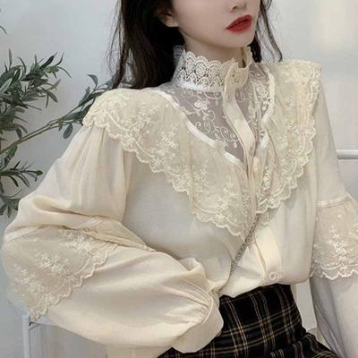 Fashion Lace Up Ruffled Women Blouses 2023 Stand Collar Autumn Sweet Loose Clothes Ladies Tops Vintage Lace Shirts Women 11335