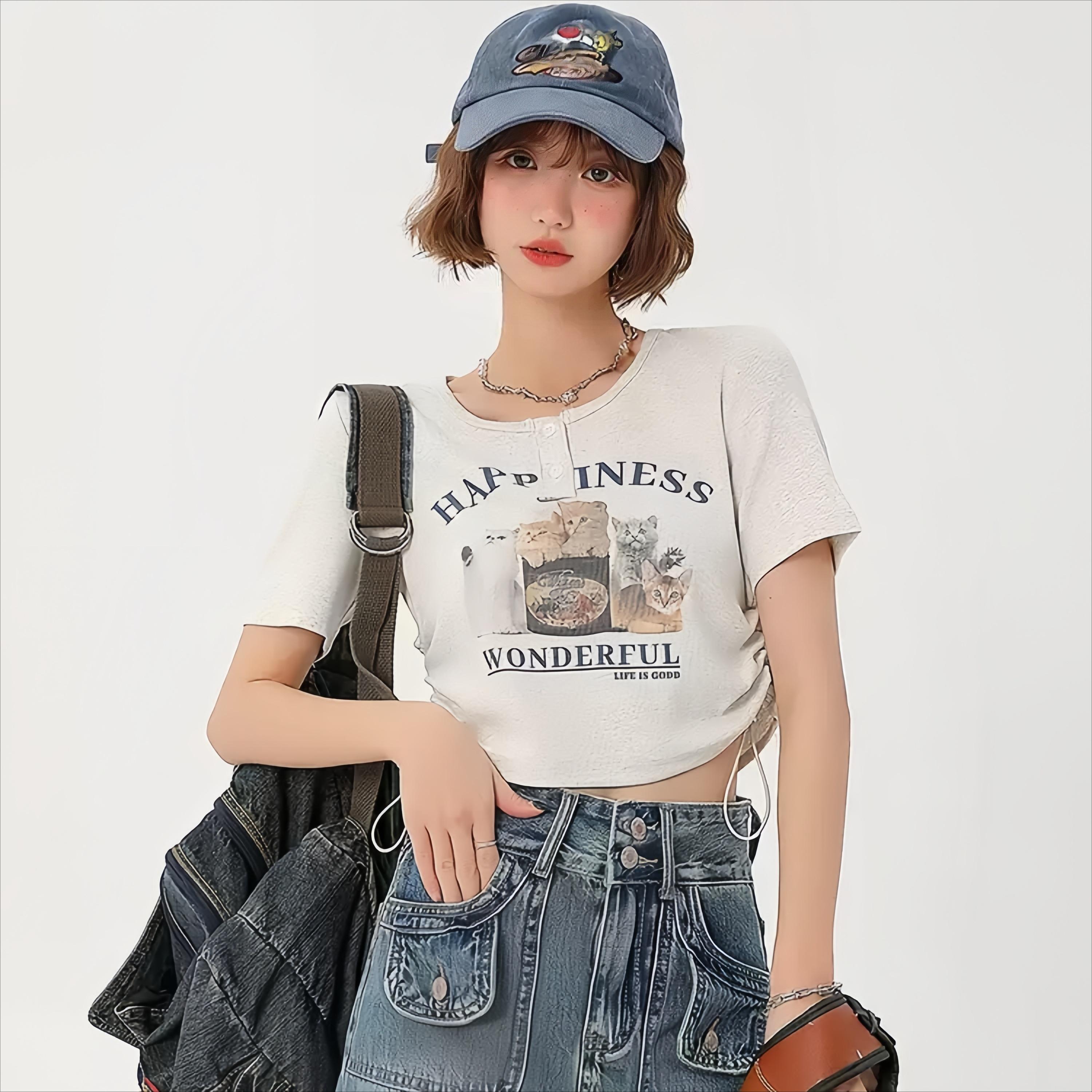 

Модные женские футболки из чистого хлопка с корейским забавным мультяшным принтом, с коротким рукавом, круглым вырезом, облегающие женские укороченные топы, уличная одежда, лето XL