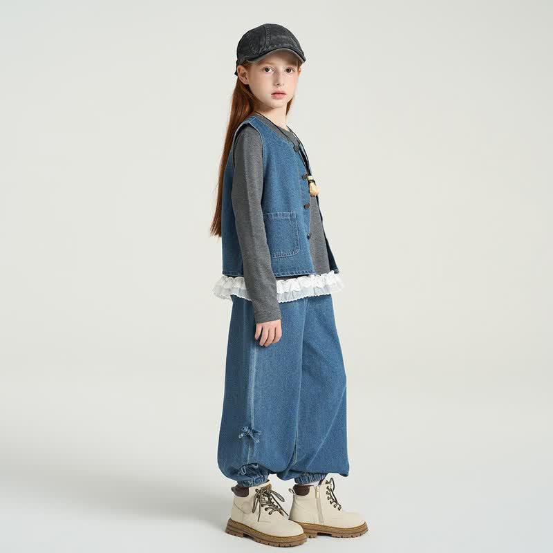 Montagut Girls' Denim Vest and Jogger Pant Set