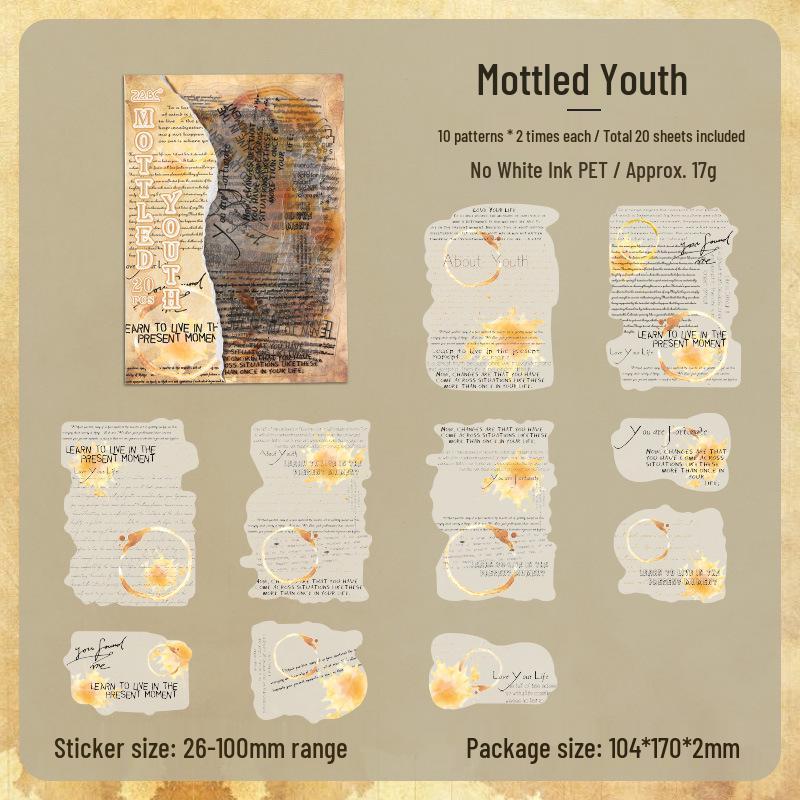 ZABC Translucent PET Sticker Pack: Lingering Dreams Series, 20 Sheets, Retro English Text with White Ink.