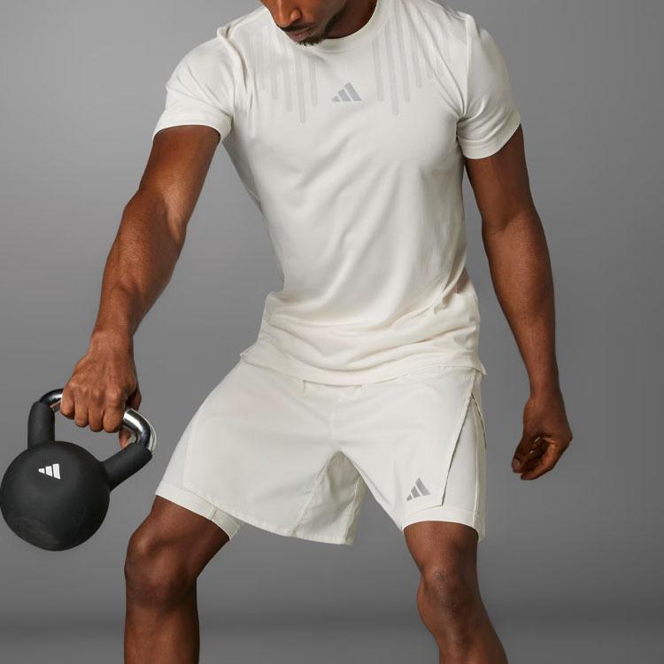 Adidas Hiit Airchill Logo Badge Stripe Print Workout Round Neck Short Sleeve T-Shirt Men Tops Misty-Pink White IS3736