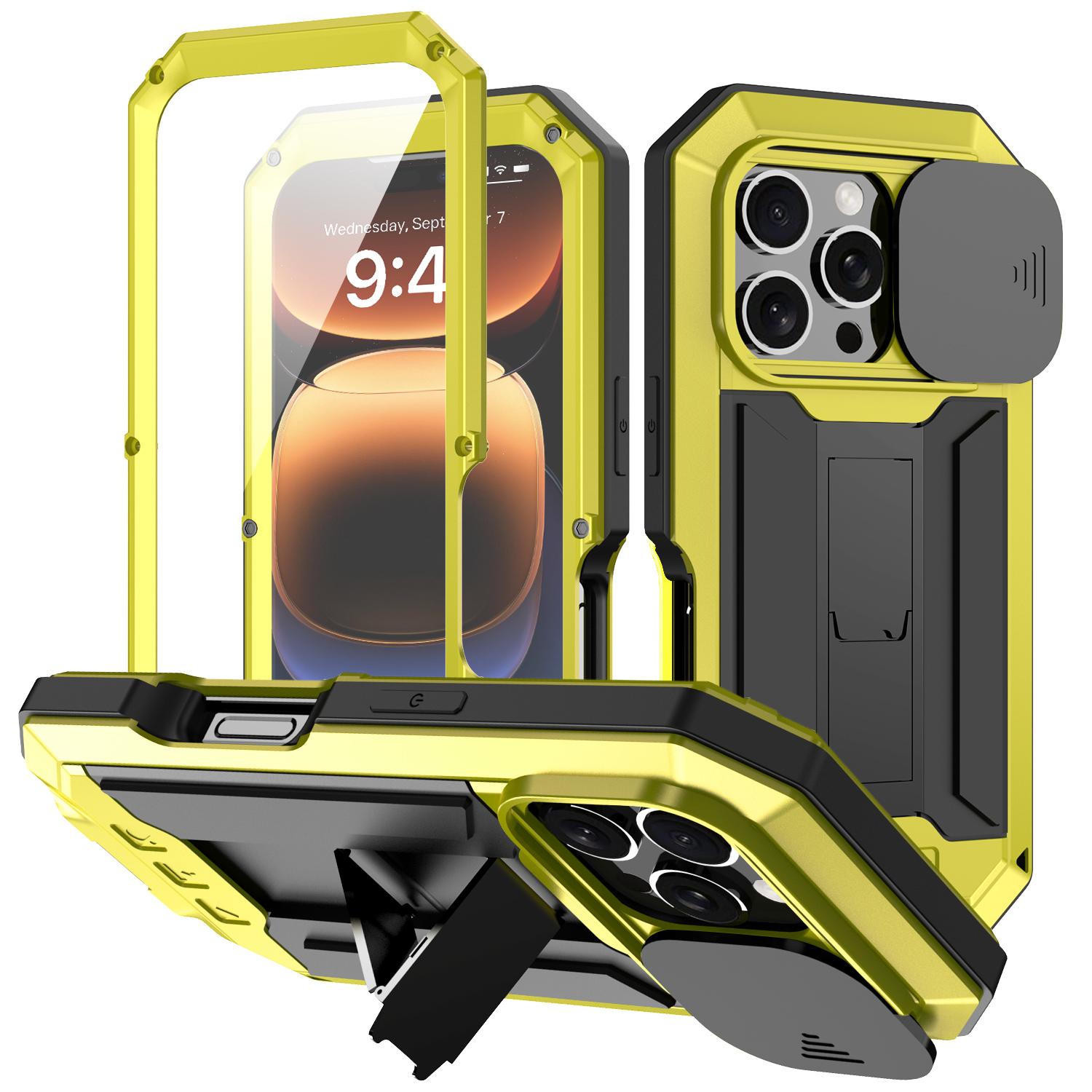 

R-JUST For iPhone 16 Pro Max Kickstand Case Silicone+Metal+PC+Tempered Glass Screen Film Phone Cover Yellow