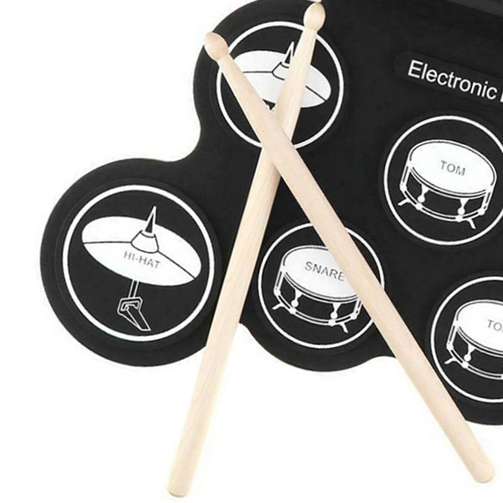 Electronic Drum Set 7 Pads 5 Tunings 8 Demonstration Songs 3 Rhythms Portable USB Roll Up Drum