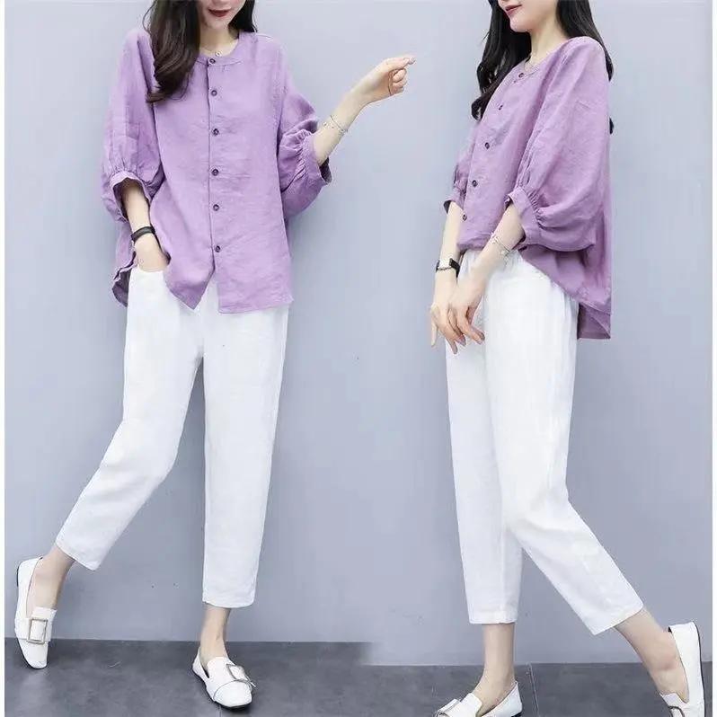 Suit Women's Summer Loose and Thin Bat-sleeved Blouse Women's Temperament Fashion Round Neck Shirt