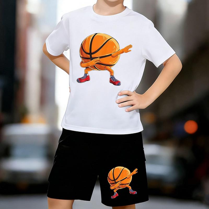 

Boys 2 Piece Cartoon basketball printed outfit, Short Sleeve T-Shirt and Shorts Set for Kids Age 5-14,Black,White Sporty Casual Summer Clothes 13-14 Years