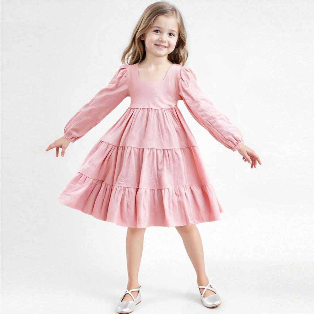 Girls' Fashion Cute Solid-Color Doll-Style Forest-Inspired Long-Sleeve Sweet Dress