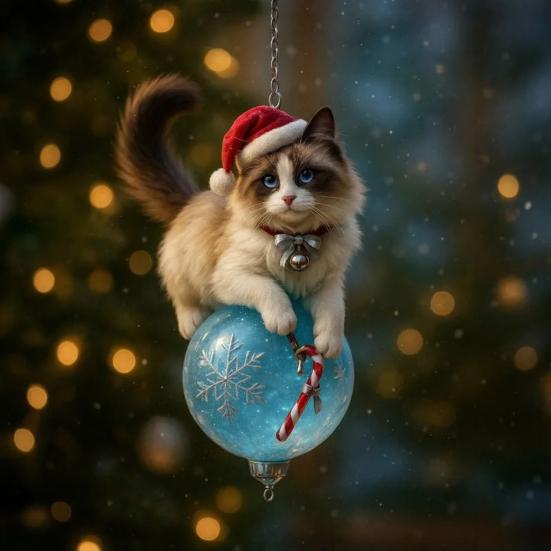 Cat Christmas Ornament Cute Kitten Christmas Ball Ornament 2D Flat Hanging Charm for Car Rearview Mirror