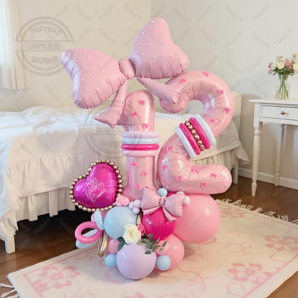 43PCS Pink Bow Theme Bouquet Balloon Set with 32inch Pink Number Girl First Birthday Party Decoration Baby Shower Helium Globos