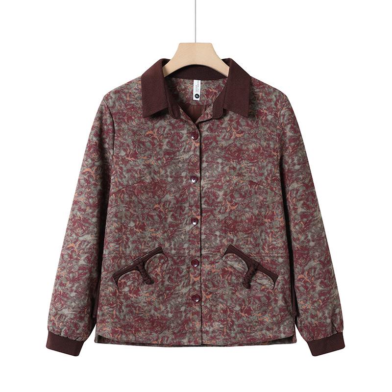2025 Autumn/Winter New Mom's Casual Print Loose Lapel Zipper Jacket for Middle-Aged and Elderly Women
