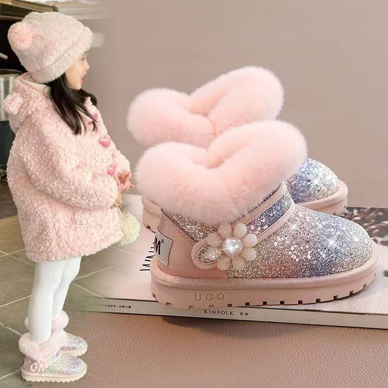 Girls snow boots children's large cotton shoes 2025 new winter piled thickened baby princess boots warm northeast